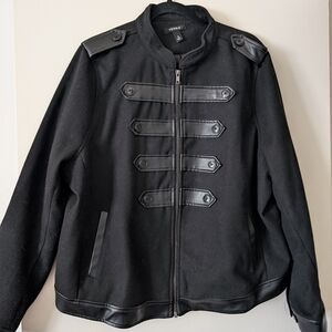 Black Military Jacket With Faux Leather Detail
